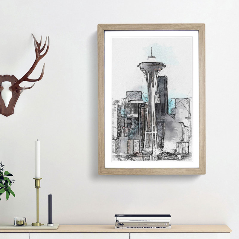 Space Needle in Seattle Washington in Abstract - Picture Frame Graphic Art Print, Oak Framed, 48cm H x 36cm W x 2cm D