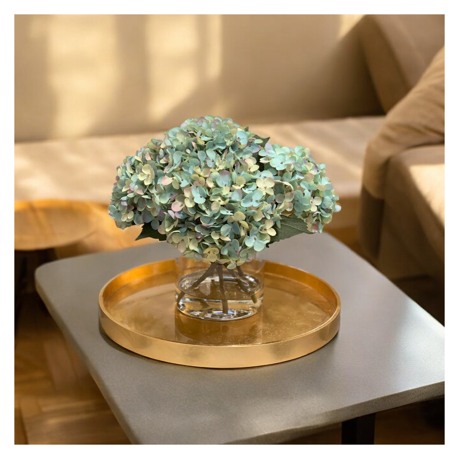 Faux Hydrangea Arrangement in Vase, Teal