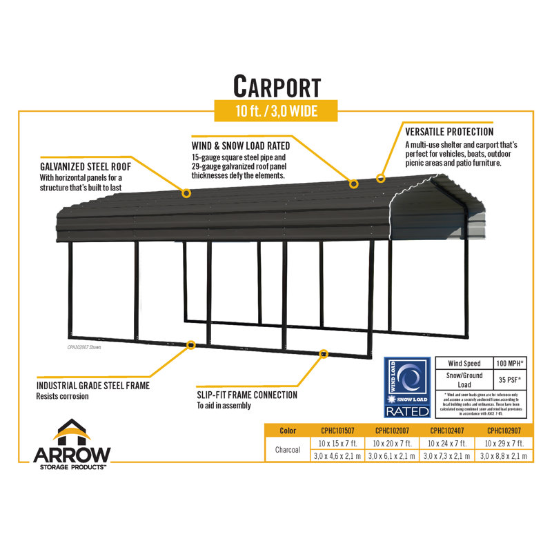 Galvanized Steel Carport, 10X29X7, 98.4" H x 120" W x 348" D, Charcoal