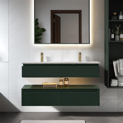  48" Modern Floating Double Solid Wood Bathroom Vanity with Engineered Stone Top and Light