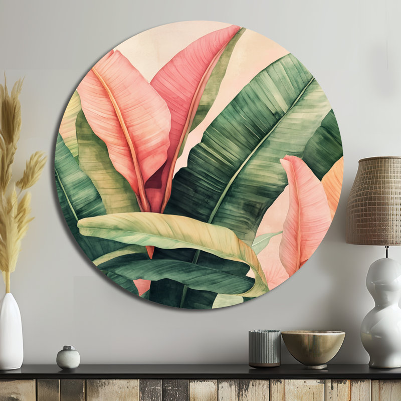 Jardin tropical de feuilles de bananier I - Décoration murale ronde en métal vert à thème botanique, H 16 po x l 16 po