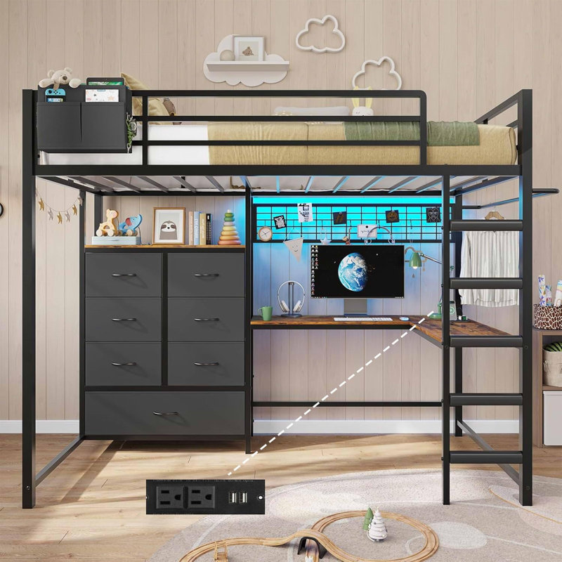 Twin Size Metal Loft Bed for Kids with L-Shaped Desk, 7 Storage Drawers, RGB LED Lights & Charging Station, 13.11" Full-Length Safety Guardrail, Ladder, No Box Spring Needed, Black