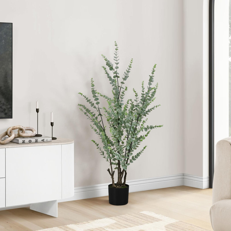Plante artificielle, arbre d'eucalyptus de 44 po de hauteur, intérieur, faux, faux, plancher, verdure, pot, touche réelle, décoratif, feuilles vertes, pot noir