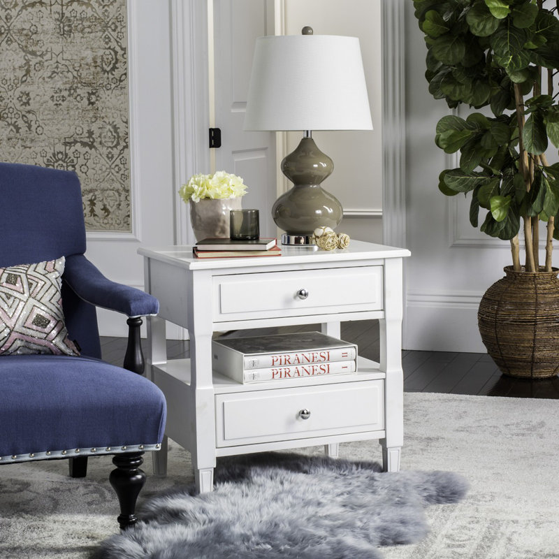 Laga 24'' W Nightstand – Contemporary Bedroom Table with 2 Drawers, Silver Hardware & Neutral Finish, White