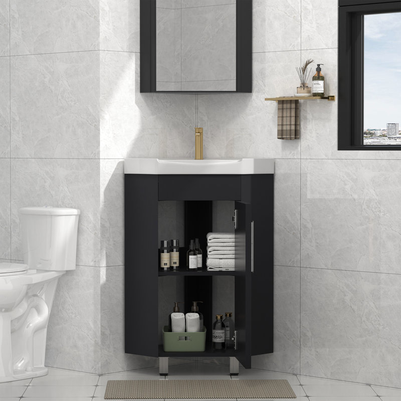  17" Freestanding Corner Single Bathroom Vanity With Ceramic Sink Top-Mirror Cabinet Not Included, Black