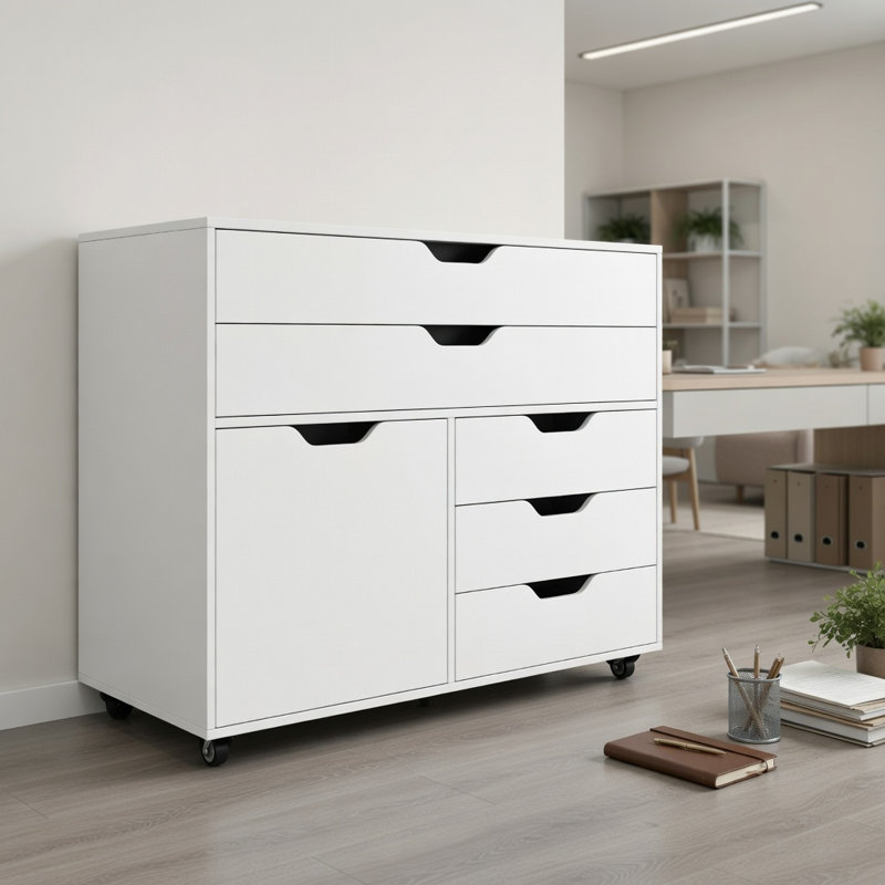  Armoire de rangement moderne à 5 tiroirs avec roulettes verrouillables et porte d'armoire, organisateur de bureau en bois d'ingénierie pour bureau à domicile, salle d'étude et salon, blanc