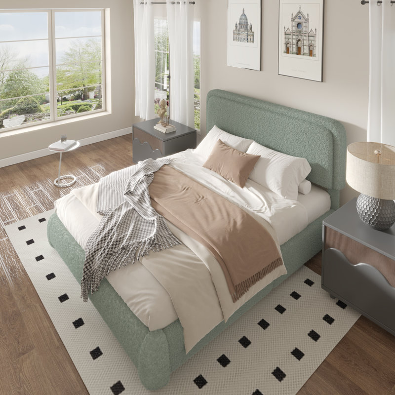 Haden Lambswool Boucle Upholstered Platform Bed Frame with Headboard, Queen, Green
