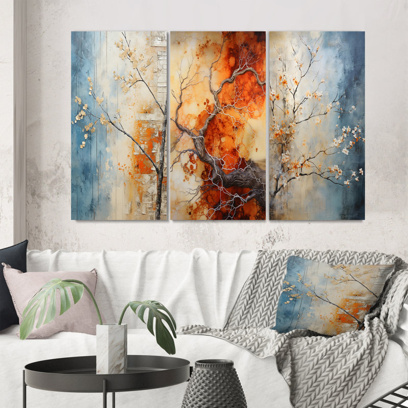 «Orange Teal Maple Tree Glowing Embers», 3 pièces sur toile, Toile tendue, H 28 po x l 36 po