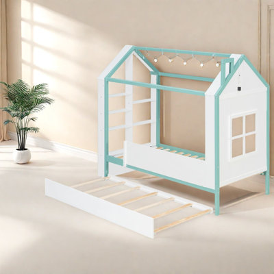 Lits jumeaux cabane avec rangement, cadre en bois MDF, chambre moderne blanche et bleue