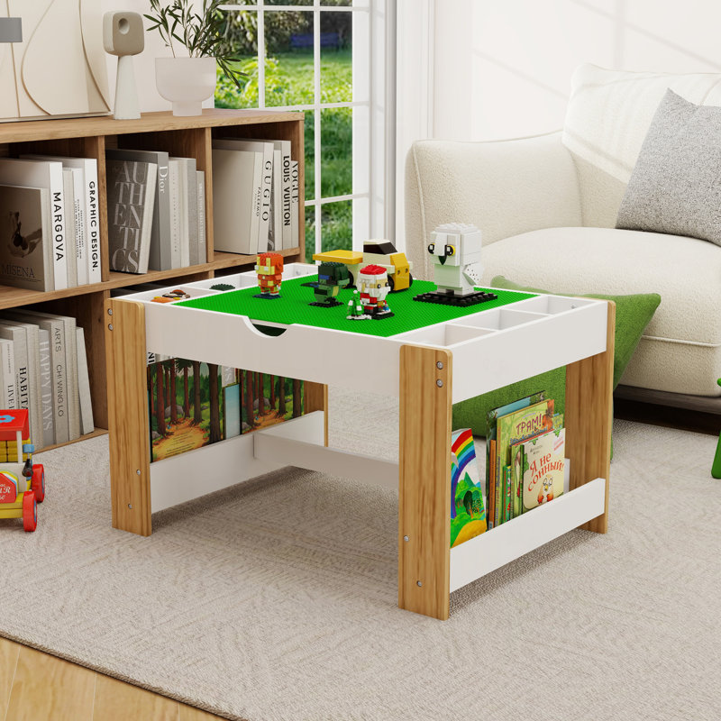 Table de jeu pour enfants 2 en 1 avec 7 compartiments de rangement, compatible avec le bloc de construction LEGO, mobilier de jeu d'apprentissage moderne pour activités - blanc