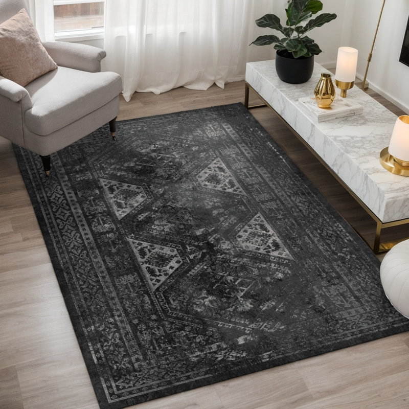 MAVAL Black Washable Rug Oriental Indoor Rug, Rectangle 8' x 10'