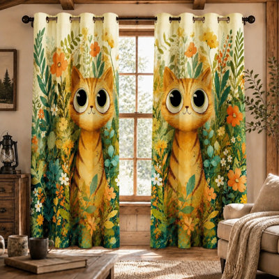 2Pcs Chat mignon, imprimé floral, rideaux bloquant le soleil, rideaux de chaton de dessin animé fantaisiste, œillets décoratifs en tissu doux pour salon, chambre à coucher, maison