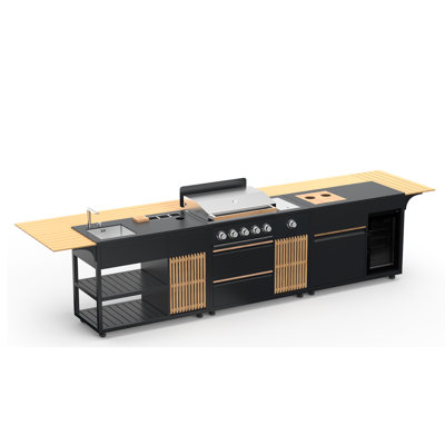 VESTIVIUM Teak Modular Outdoor Kitchen, 3-Piece — 5-Burner SS304 Grill, Sink Station & Beverage Refrigerator