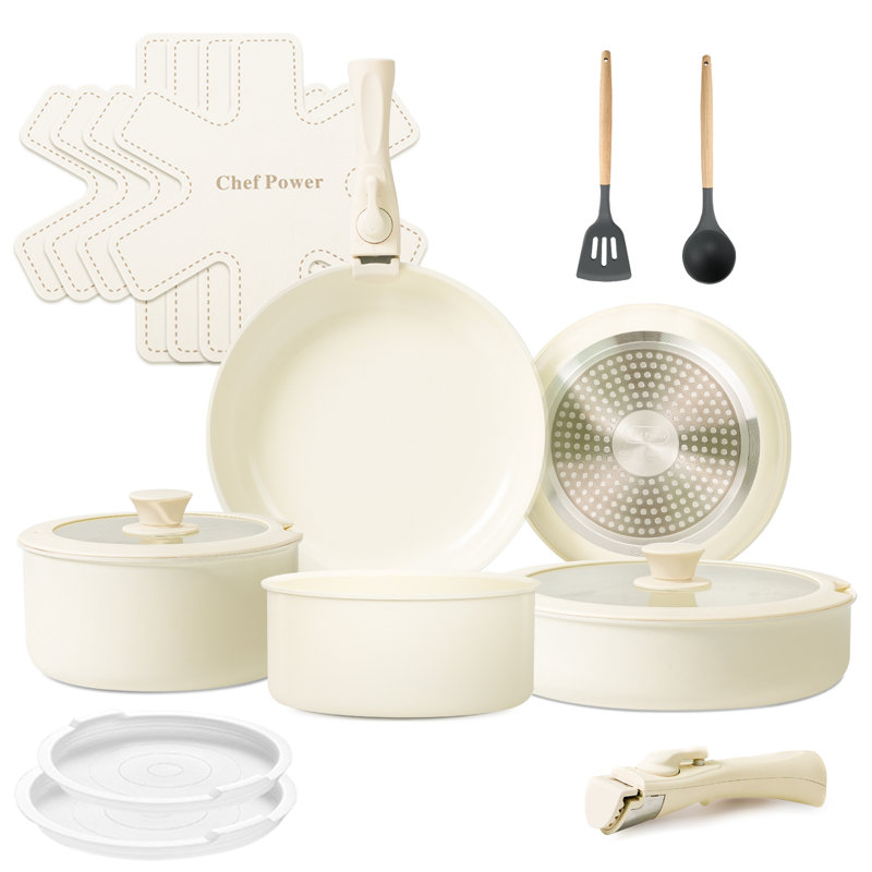 Batterie de cuisine en céramique antiadhésive de 17 pièces Chef Power, crème 