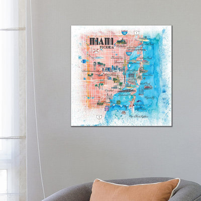 Miami Florida Illustrated Map by Markus & Martina Bleichner - Wrapped Canvas Print
