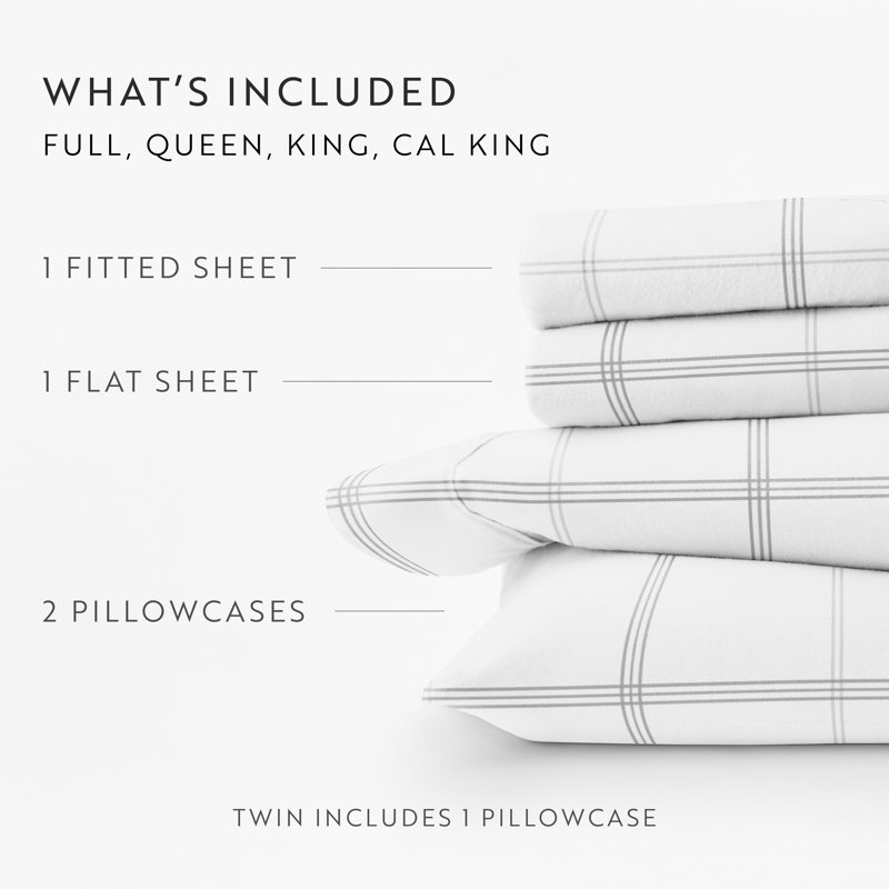 Isabela Plaid 100% Cotton Checkered Pattern Flannel Sheet Set, Queen Sheet Set + Fitted Sheet + 2 Pillowcases