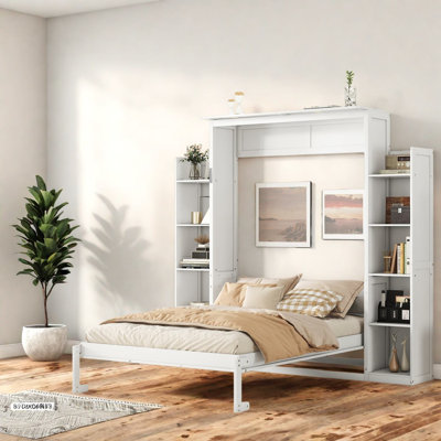 Lit escamotable en bois blanc peu encombrant avec lumières à DEL, solution de rangement moderne
