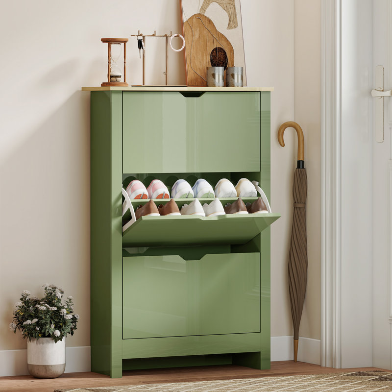 18 Pair Shoe Storage Cabinet, Green/Natural Wood