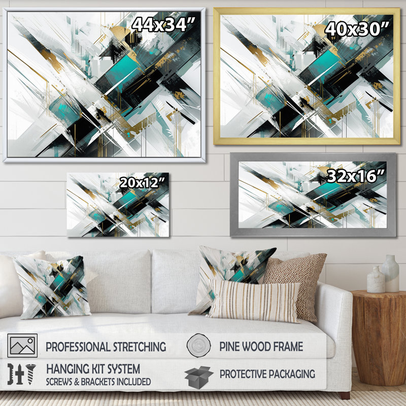 Art sur toile cubique kaléidoscope noir sarcelle, Cadre doré simple, H 16 po x l 32 po x P 1 po