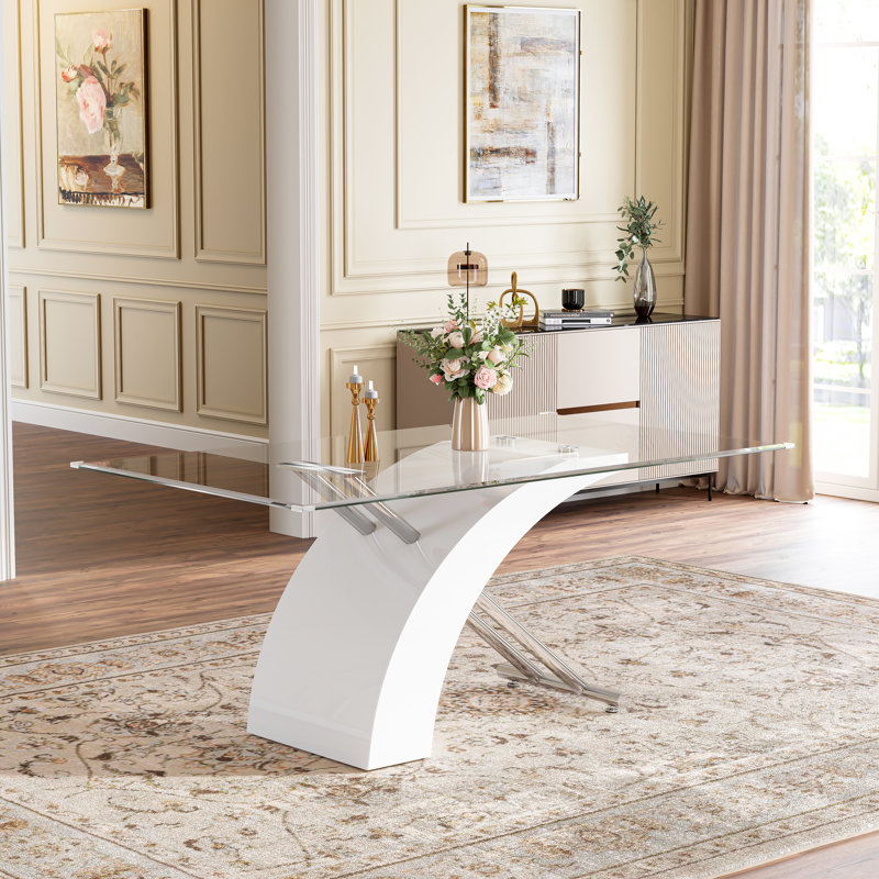Modern Dining Table Set Of 7, 63" Clear Tempered Glass Table With Sculptural X-Shaped Base And 6 PU Leather Cantilever Chairs