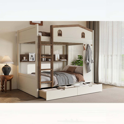 Lit superposé double au-dessus de double avec tiroirs de rangement, tablettes et crochets, fabrication en bois massif, aucun sommier nécessaire, beige et naturel