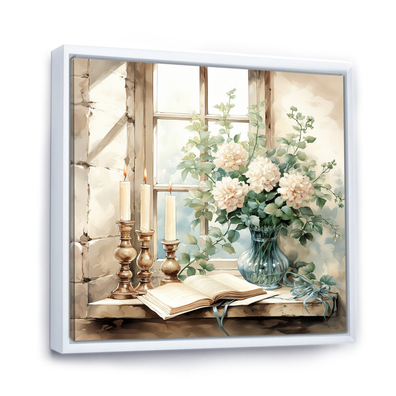Blanc et vert antique, charme de fenêtre floral - art mural fenêtres de ferme, Cadre flottant blanc