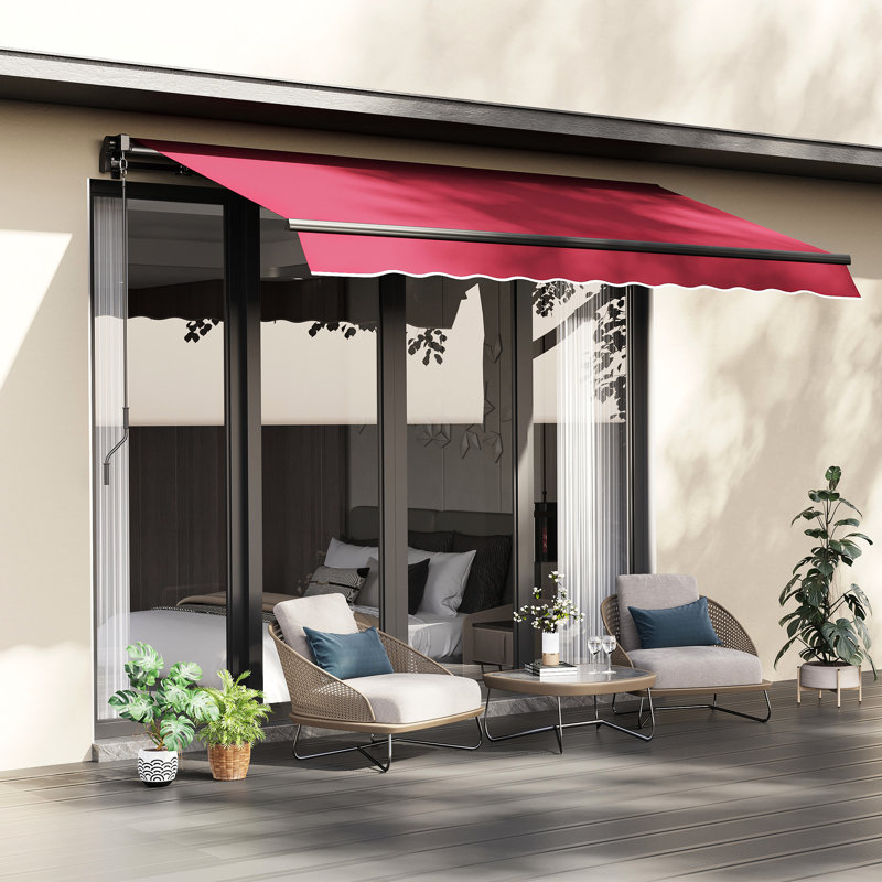 Red 10' X 8' Deck Awning - Manual Crank Sunshade. & Water- Fabric, Aluminum Frame For Balcony, Yard Patio Awning. Material. Frame. Hand Operation. For Deck, Yard. Multi-Surface Install. Adjustable