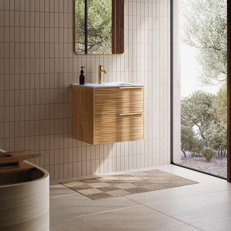 Kora 24" Bamboo Faux Finish Wall-Mounted Single Bathroom Vanity with Integrated Ceramic Top & Handles, Gold