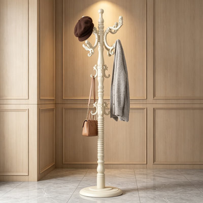 Wood Coat Rack Stand, Freestanding Hall Tree with Sturdy Round Base and 14 Hooks for Hats Bags Purses, Vintage Coat Hanger Stand for Entryway Hallway Bedroom, White
