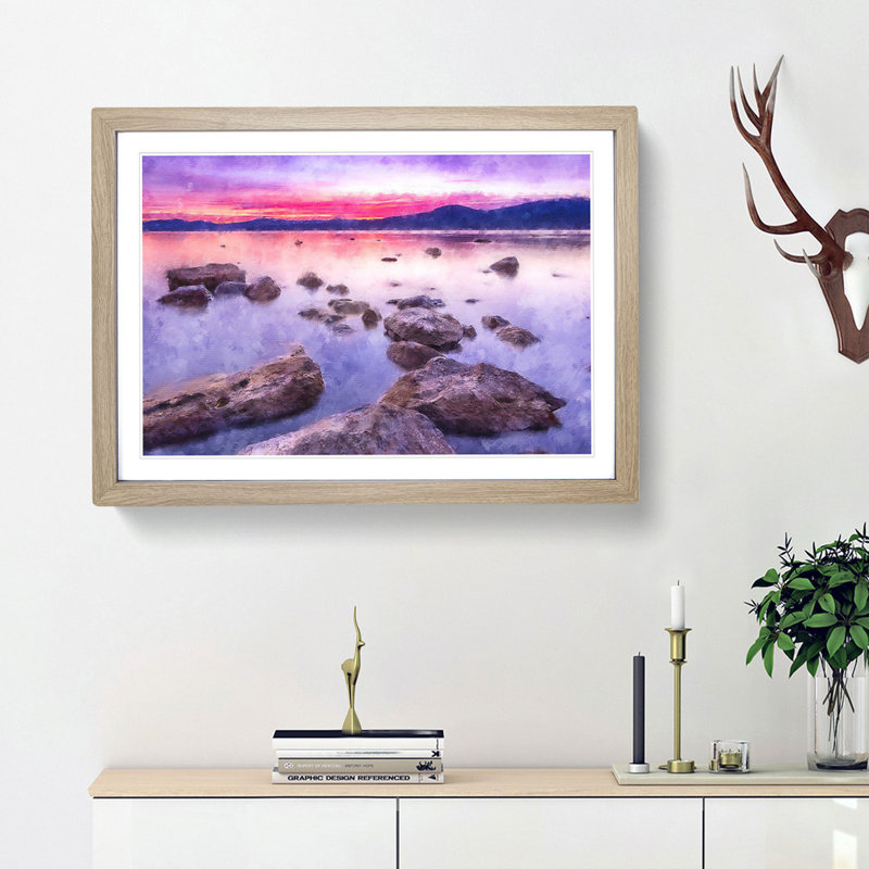 Sunset over Lake Tahoe - Picture Frame Painting Print, Oak Framed, 24cm H x 33cm W x 2cm D