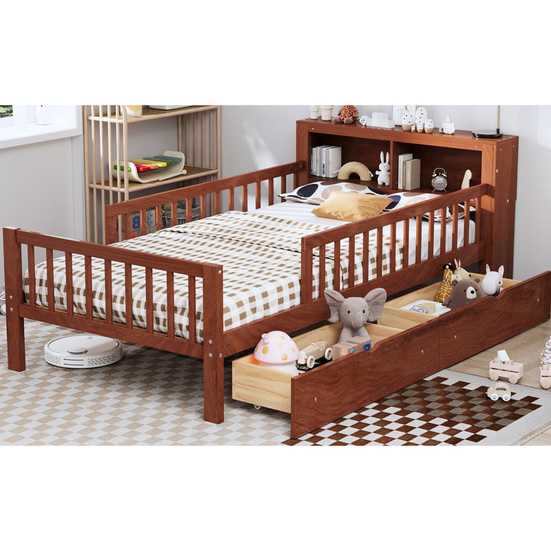 Lit simple avec rangement pour tête de lit et garde-corps sécurisés, qualité noyer, Noyer