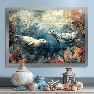 Playing Seals Into A Coral Landscape II - Seal Canvas Print