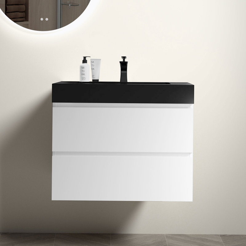 Meuble-lavabo mural simple avec plateau Motiejus, Blanc, Noir