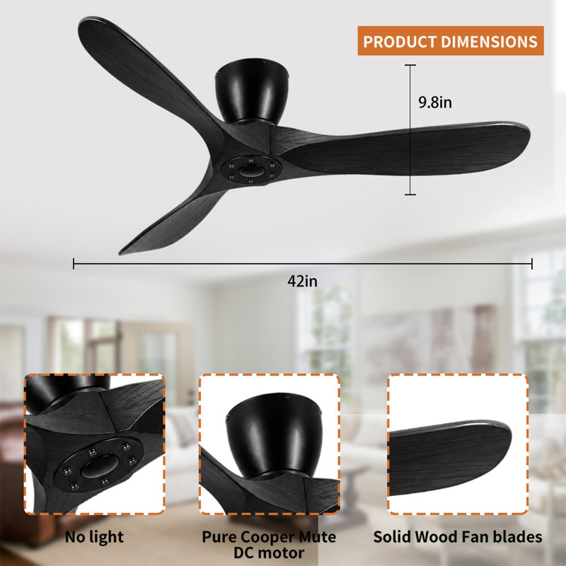 Ventilateur de plafond encastré de 42 pouces sans lumière, Black, Black