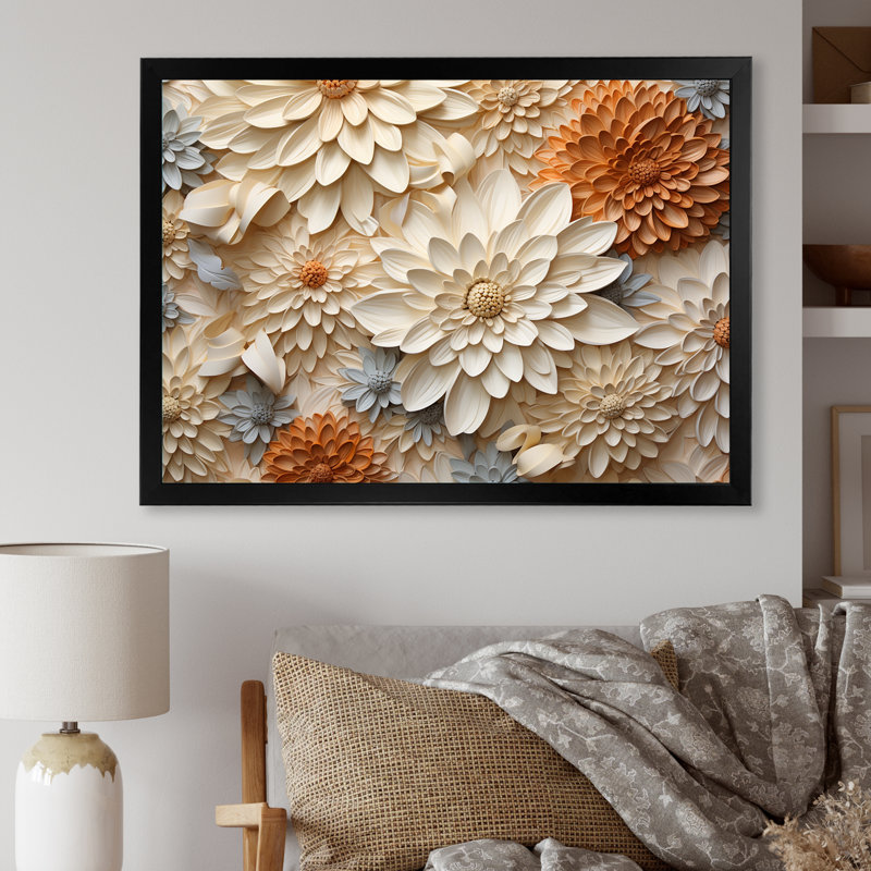 Fleurs de zinnias beiges sur toile, Cadre simple noir, H 12 po x l 20 po x P 1 po