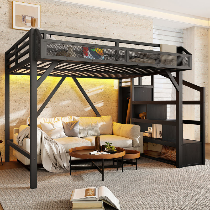 Full Loft Bed with Storage Stairs, Shelves & Built-in Wardrobe, USB Ports & LED Lights, Noise-Reduced, Black, Black, Full