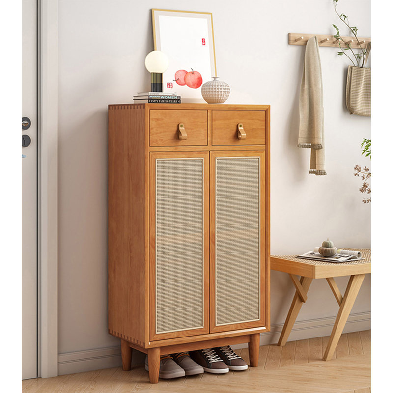 Japanese-style wicker and solid wood shoe cabinet, 47.3" H x 31.5" W x 13" D