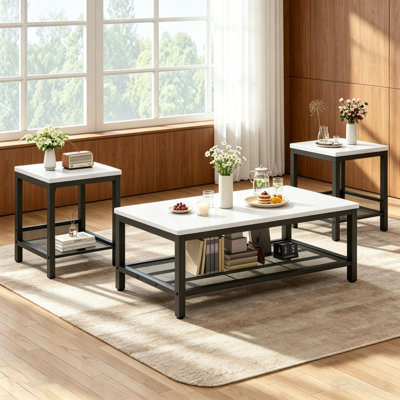 Modern Farmhouse Coffee Table Set Of 3, Rectangular Coffee Table With 2 Square End Side Tables, 2-Tier Living Room Table Set With Metal Frame & Open Shelf For Office, Apartment, Home