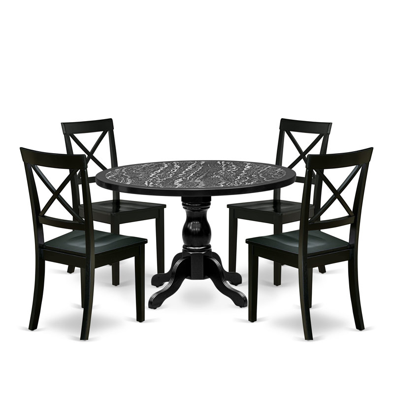 L'ensemble de table de salle à manger 5 pièces comprend une table de salle à manger à piédestal et 4 chaises de salle à manger à dossier en X au fini noir.