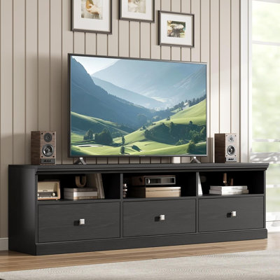 Meuble télé pour téléviseur de 75 po ou moins - Meuble audio-vidéo avec 3 tiroirs et tablettes ouvertes, meuble média Mid-Century pour salon, chambre à coucher, noir