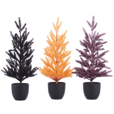 14" Artificial Halloween Glittered Pine Tree Decorative Set with Plastic Pots (3 Piece Set)