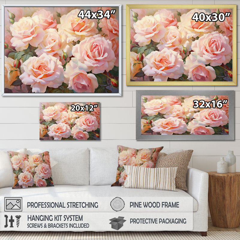 Pink Roses Romantic Impression - Floral Framed Wall Decor, 12" H x 20" W x 1" D, Wrapped Canvas