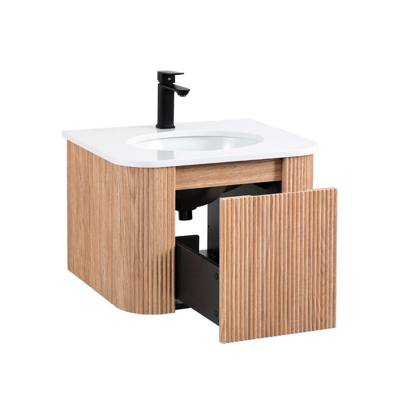 Meuble de salle de bain mural de 24 po de forme moderne incurvé, grain de bois ondulé, lavabo intégré, tiroir pour organiser une armoire à montage quotidien avec motif, texture de grain, marbre et céramique