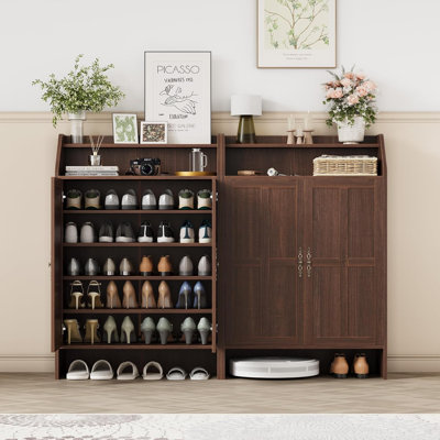 Armoire à chaussures de style campagnard de 47 po de haut avec 2 portes, armoire à chaussures pour le vestibule avec tablettes réglables et étagère de rangement ouverte, armoire à chaussures pour couloir, salon, brun