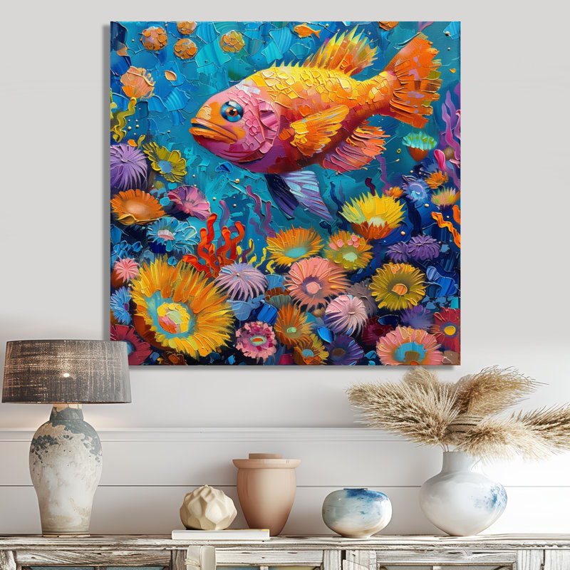 Décoration murale bleu et jaune, poisson tropical, paradis II - créatures marines, Toile tendue, H 16 po x l 16 po x P 1 po