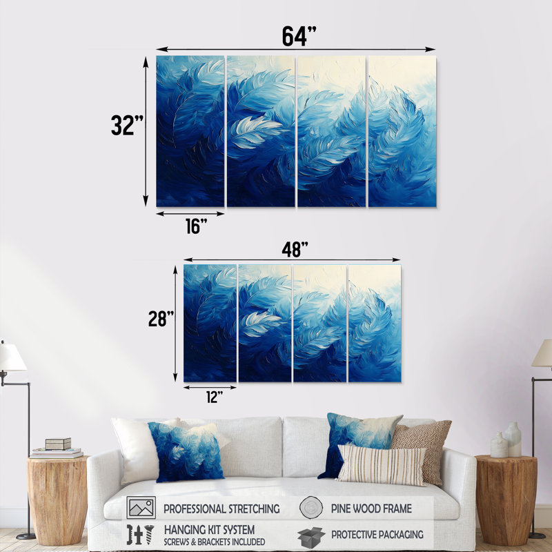 «Palms In Blue Harmoy III», art mural moderne en plumes, H 32 po x l 64 po, 4
