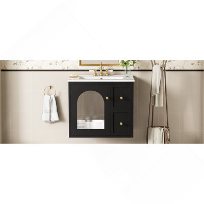 Ensemble de meuble-lavabo mural 24 po pour petit espace, armoire de salle de bain avec lavabo en céramique, 2 tiroirs et 1 porte à fermeture en douceur