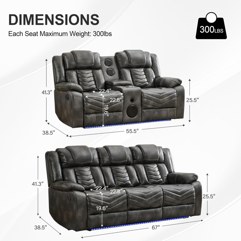85'' Reclining Sofa Couch With Wireless Charger And Led Lights, Gray