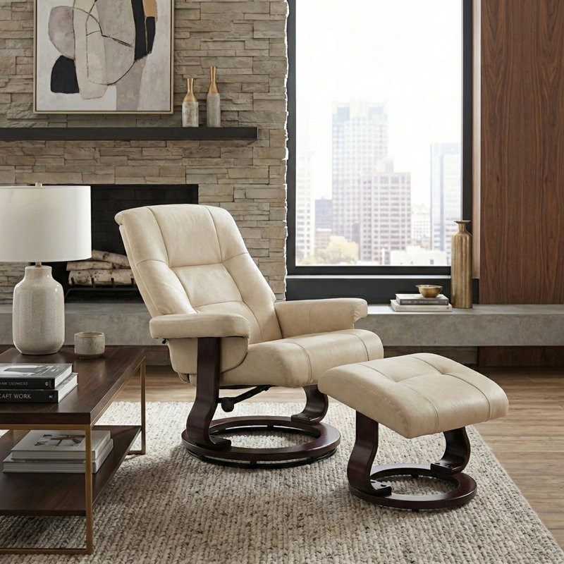 PU Swivel Recliner with Ottoman,Adjustable Reclining Chair with Solid Wood Base, for Office, Living, Beige