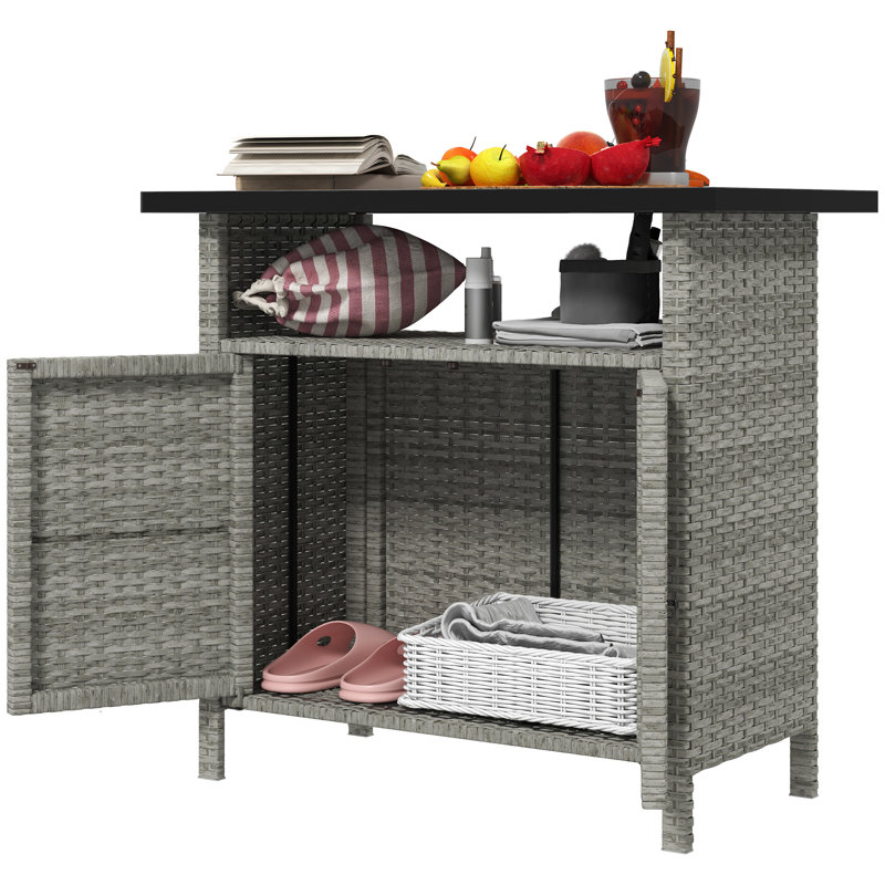Wicker Outdoor Storage Cabinet With Two Doors And Shelf For Outdoor Pool Towel Storage, Gray, Gray